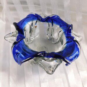 Clear Glass Footed Bowl with Folded Blue Rim # 26804
